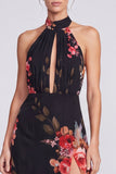 Halter hals Zwarte Zeemeermin Bloemen Chiffon Lange formele jurk met split