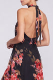 Halter hals Zwarte Zeemeermin Bloemen Chiffon Lange formele jurk met split