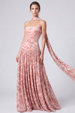 Roze fluwelen A-lijn strapless bloemen gerimpelde lange formele jurk