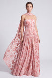 Roze fluwelen A-lijn strapless bloemen gerimpelde lange formele jurk