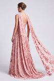 Roze fluwelen A-lijn strapless bloemen gerimpelde lange formele jurk