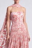 Roze fluwelen A-lijn strapless bloemen gerimpelde lange formele jurk