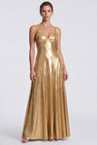 Gouden A-lijn metallic spaghettibandjes lange formele jurk
