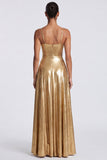 Gouden A-lijn metallic spaghettibandjes lange formele jurk
