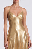 Gouden A-lijn metallic spaghettibandjes lange formele jurk