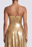 Gouden A-lijn metallic spaghettibandjes lange formele jurk