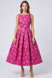 A-Line Fuchsia Bateau Neck Jacquard Rugloze Bloemen Midi jurk