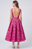 A-Line Fuchsia Bateau Neck Jacquard Rugloze Bloemen Midi jurk