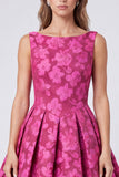 A-Line Fuchsia Bateau Neck Jacquard Rugloze Bloemen Midi jurk