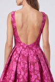 A-Line Fuchsia Bateau Neck Jacquard Rugloze Bloemen Midi jurk