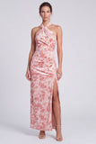 Roze meermin-fluwelen halter halshals Maxi bloemenjurk met split