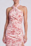 Roze meermin-fluwelen halter halshals Maxi bloemenjurk met split