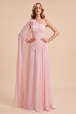 Lichtroze eenschouder gerimpelde Chiffon maxijurk met cape