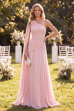 Lichtroze eenschouder gerimpelde Chiffon maxijurk met cape