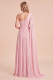 Lichtroze eenschouder gerimpelde Chiffon maxijurk met cape