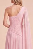 Lichtroze eenschouder gerimpelde Chiffon maxijurk met cape
