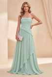 Strapless Mint Green A-Line Chiffon gerimpelde maxijurk