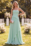 Strapless Mint Green A-Line Chiffon gerimpelde maxijurk