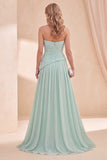 Strapless Mint Green A-Line Chiffon gerimpelde maxijurk