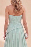 Strapless Mint Green A-Line Chiffon gerimpelde maxijurk