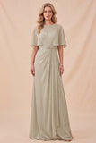 Taupe chiffon A-lijn rondhals maxijurk met riem