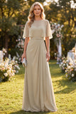 Taupe chiffon A-lijn rondhals maxijurk met riem
