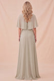 Taupe chiffon A-lijn rondhals maxijurk met riem
