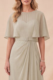 Taupe chiffon A-lijn rondhals maxijurk met riem