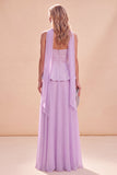 Lichtpaarse strapless A-lijn chiffon maxijurk met ruches en kralen