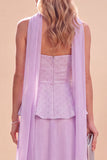 Lichtpaarse strapless A-lijn chiffon maxijurk met ruches en kralen