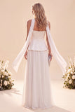 Lichtpaarse strapless A-lijn chiffon maxijurk met ruches en kralen