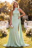 Zeemeermin Mint Groene satijnen halter hals Maxi jurk met sjaal