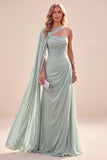 Mintgroene eenschouder A-lijn chiffon gerimpelde maxijurk met cape