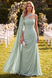 Mintgroene eenschouder A-lijn chiffon gerimpelde maxijurk met cape
