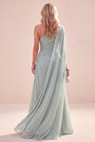 Mintgroene eenschouder A-lijn chiffon gerimpelde maxijurk met cape