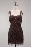 Bruine bodycon pailletten met franjes korte homecomingjurk met parels