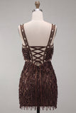 Bruine bodycon pailletten met franjes korte homecomingjurk met parels