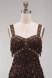 Bruine bodycon pailletten met franjes korte homecomingjurk met parels