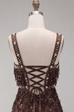 Bruine bodycon pailletten met franjes korte homecomingjurk met parels