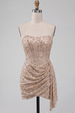 Glitterende champagne strapless bodycon pailletten korset korte homecomingjurk met sjerp