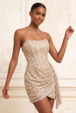 Glitterende champagne strapless bodycon pailletten korset korte homecomingjurk met sjerp