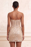 Glitterende champagne strapless bodycon pailletten korset korte homecomingjurk met sjerp