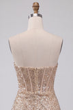 Glitterende champagne strapless bodycon pailletten korset korte homecomingjurk met sjerp