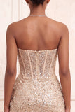 Glitterende champagne strapless bodycon pailletten korset korte homecomingjurk met sjerp
