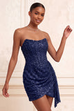 Glitterende champagne strapless bodycon pailletten korset korte homecomingjurk met sjerp