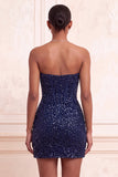 Glitterende champagne strapless bodycon pailletten korset korte homecomingjurk met sjerp