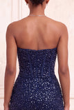Glitterende champagne strapless bodycon pailletten korset korte homecomingjurk met sjerp
