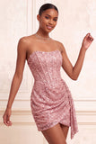 Glitterende champagne strapless bodycon pailletten korset korte homecomingjurk met sjerp