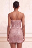 Glitterende champagne strapless bodycon pailletten korset korte homecomingjurk met sjerp