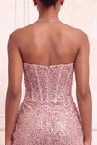 Glitterende champagne strapless bodycon pailletten korset korte homecomingjurk met sjerp